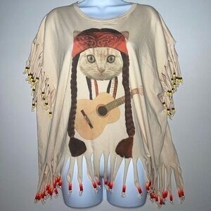 Willie Nelson Hippie Cat Playing Guitar Upcycled Beaded Boho Fringe Tee Shirt